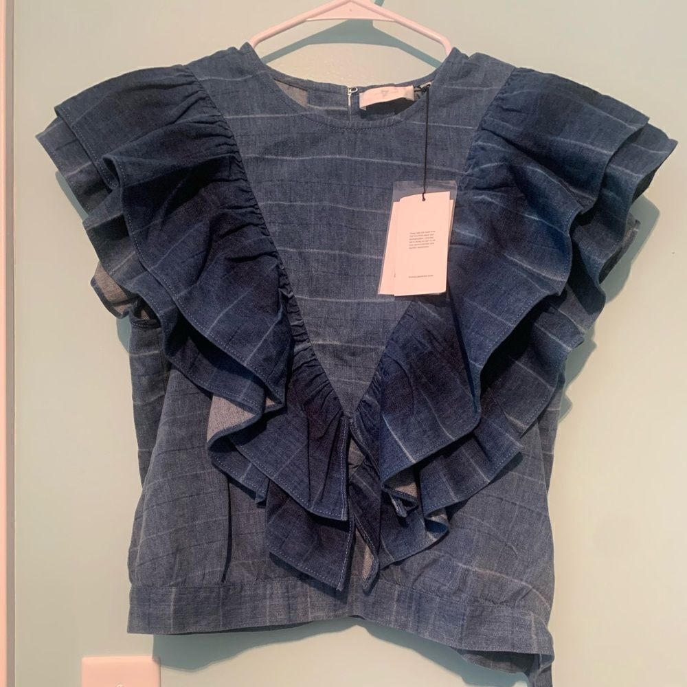 Seven by all Mankind medium denim ruffle crop top shirt blouse - Picture 5 of 8